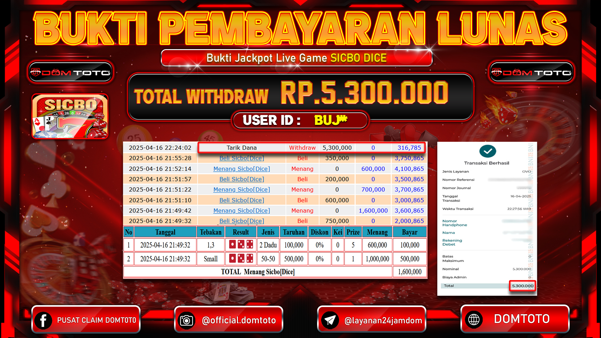 JACKPOT LIVEGAMES SICBO DICE 15 APRIL 2025